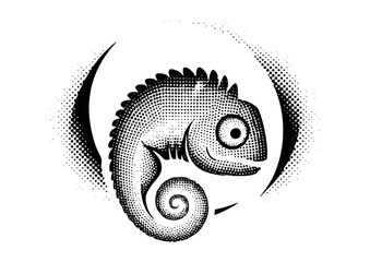 Stylized black and white chameleon illustration with dotted texture