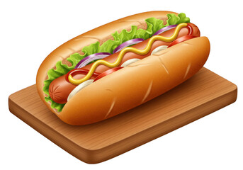 Delicious hot dog with mustard ketchup lettuce onion and tomato isolated on transparent background