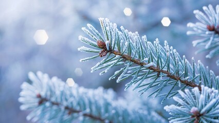 Wintery Pine Branch Covered in Frost Against a Blue Bokeh Background