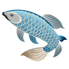 Stylized Blue Koi Fish with Scales Fins and Tail Swimming Upward in a Graceful Pose Isolated on a White Background Featuring Smooth Gradients and Clean