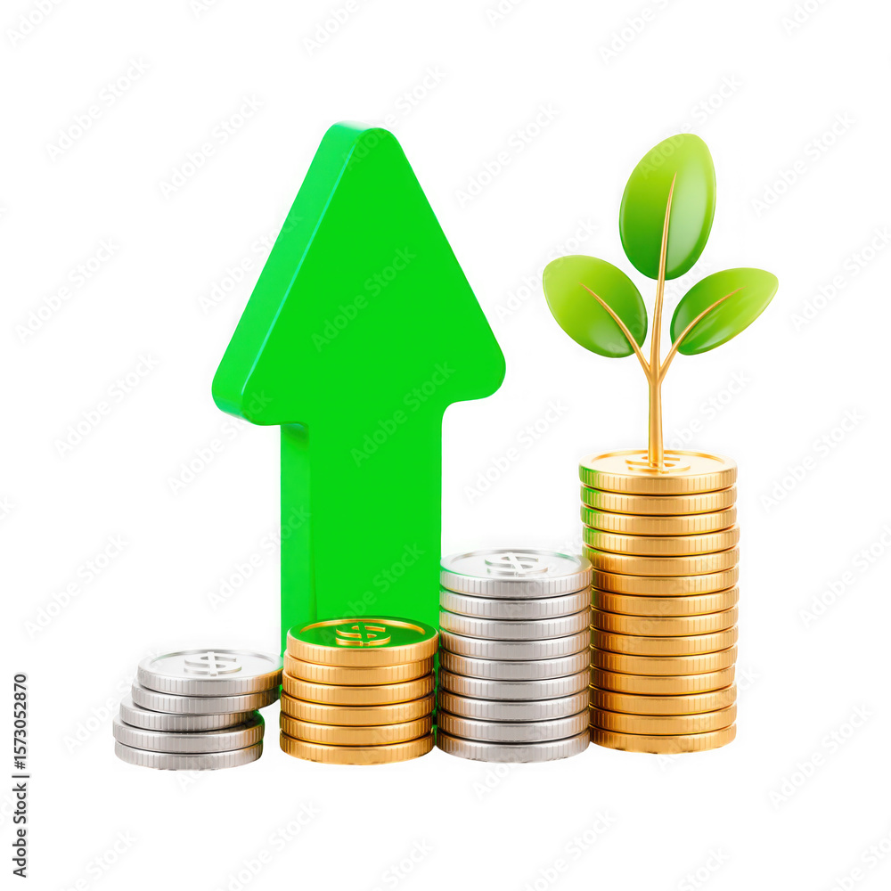 Poster green arrow pointing upwards behind stacks of gold and silver coins with a money tree growing from t