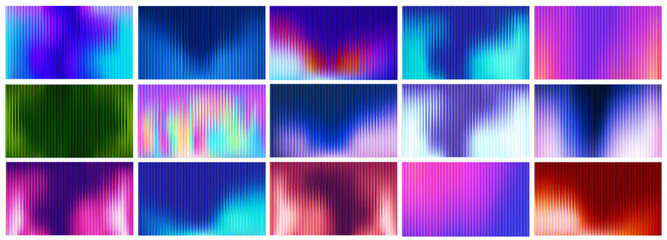Glass gradient fractal background with neon light effect and ribbed pattern. Abstract vertical design in vibrant purple and green color spectrum. Modern geometric prism with chromatic aberration.