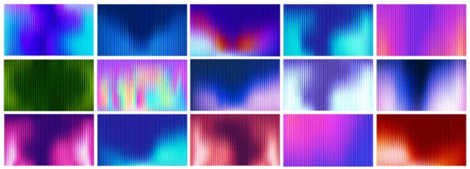 Fototapeten Glass gradient fractal background with neon light effect and ribbed pattern. Abstract vertical design in vibrant purple and green color spectrum. Modern geometric prism with chromatic aberration. © RDVector
