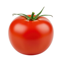 A Vibrant Ripe Red Tomato with a Green Stem and Leaves Isolated on a Black Background