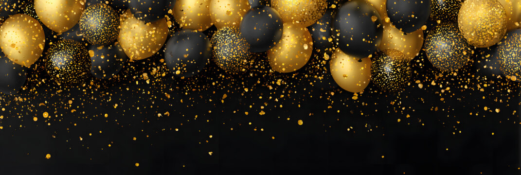 gold black balloon confetti background for graduation birthday happy new year opening sale concept, usable for banner poster brochure ad invitation flyer template