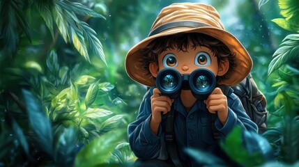 Boy explorer with binoculars in lush jungle.