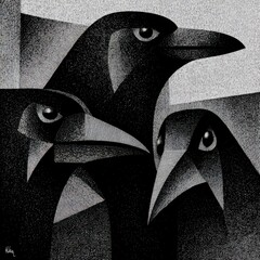 Abstract Black and White Illustration of Penguins with Geometric and Dot Patterns in Cubist Style