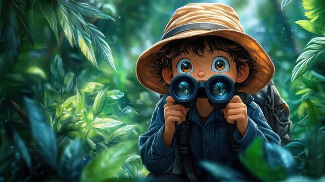 Boy explorer with binoculars in lush jungle.
