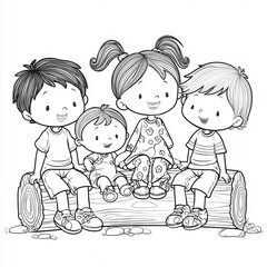Coloring Page of Happy Kids Sitting on a Log Outside in a Nature Scene
