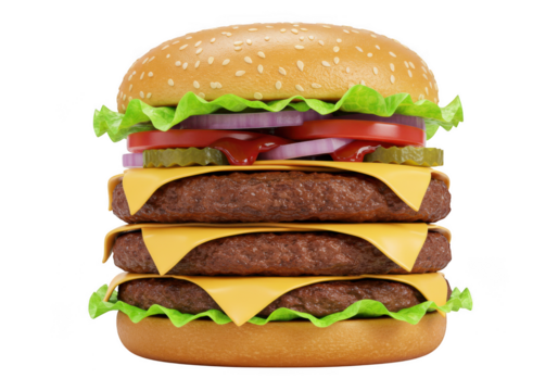 Delicious triple cheeseburger with fresh ingredients isolated on transparent background