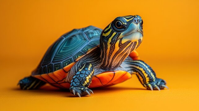 Vibrant painted turtle on orange background. - Powered by Adobe