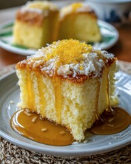 Moist yellow cake topped with shredded coconut lemon zest and honey, served on a white plate with a honey drizzle