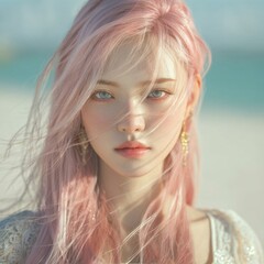 Close-up portrait of a young woman with pastel pink hair and striking blue eyes at the beach