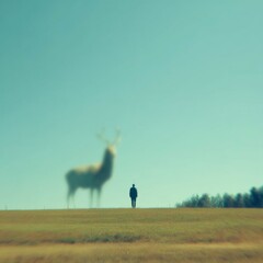 Surreal scene of a man standing on a grassy hill with a tiny figure of a deer and a blurred giant deer in the background under a clear sky