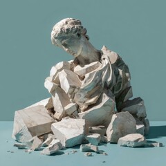 Marble sculpture of a classical bust shattered into pieces on a pastel background