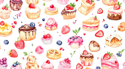 Watercolor Sweet desserts pattern on white background