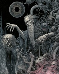 Surreal Illustration of an Elderly Wizard with Cosmos and Fantasy Elements in Dark Fantasy Style