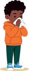 Obraz premium Boy blowing nose with tissue wearing orange hoodie and blue shoes vector illustration