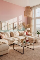 Spacious living room with colorful background