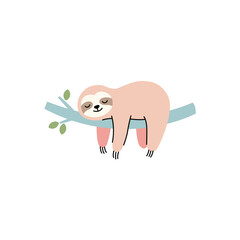 Cute Cartoon Sloth Relaxing on a Branch in Pastel Colors