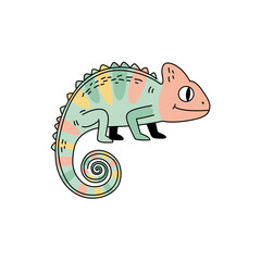 Cartoon Style Chameleon Illustration with Colorful Patterns and Smiling Face