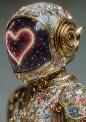 Luxurious Gold-Legged Robot with Glittering Heart-Shaped Galaxy on Visor and Floral Body
