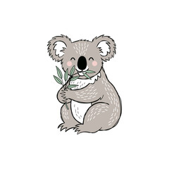 Cute Koala Holding Eucalyptus Leaf in Cartoon Style Illustration