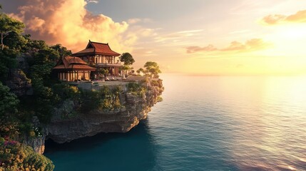 Cliffside Sanctuary: An exquisite tropical residence perched on a dramatic precipice overlooking the tranquil turquoise ocean at sunset exudes peacefulness and exclusivity
