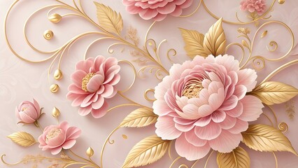 Elegant 3D Renderings of Pink and Gold Floral Arrangements and Patterns