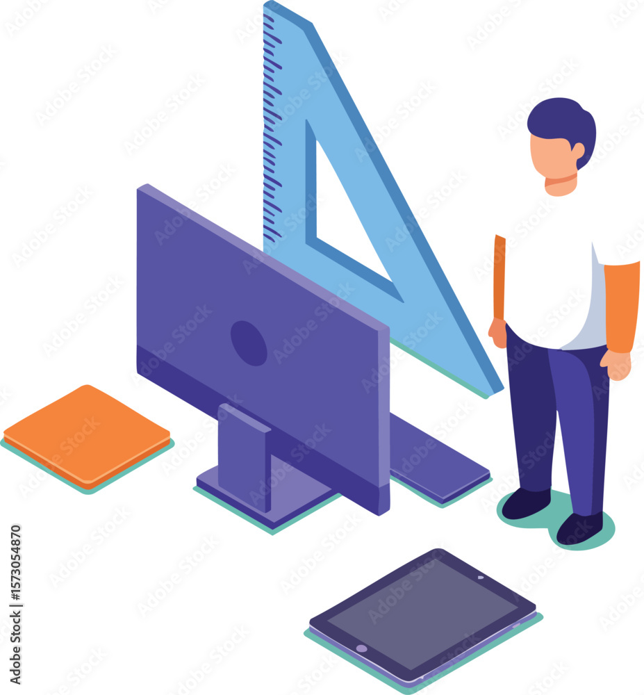 Poster student studying geometry with computer and tablet learning digital education tools technology vecto