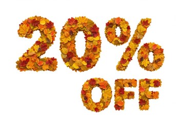 Autumn leaves form twenty percent off sale message isolated on white background