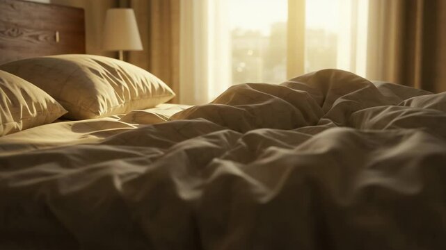 Cozy unmade bed with rumpled sheets and morning sunlight streaming in  