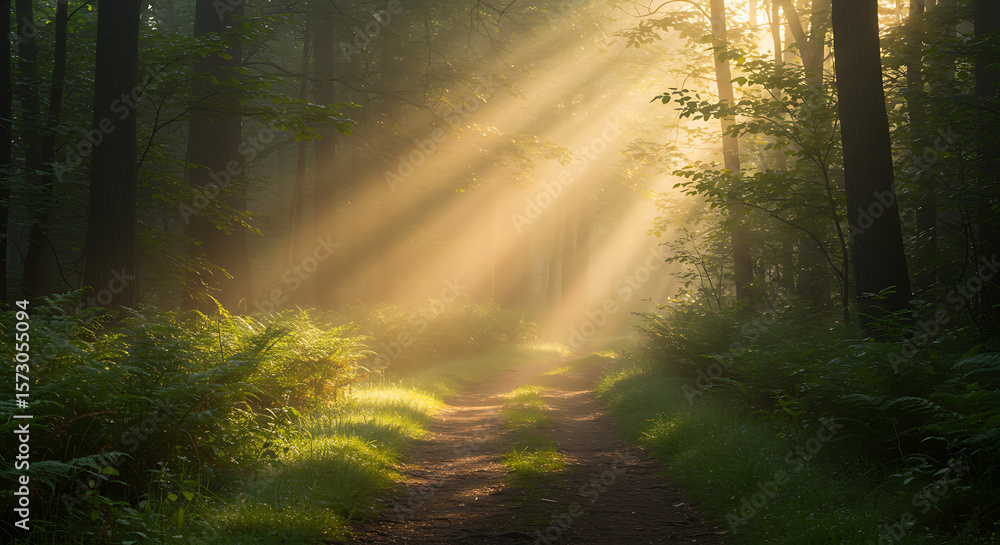 Poster forest path with dramatic sunbeams streaming through the trees, creating an atmospheric and tranquil