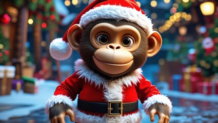 A cute animated monkey dressed in a Santa Claus outfit stands in a festive, snow-covered street decorated with lights and holiday ornaments.