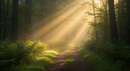 Obraz premium Forest path with dramatic sunbeams streaming through the trees, creating an atmospheric and tranquil natural scene. 