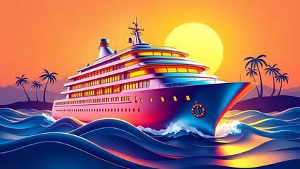 3D clipart of a luxury cruise ship sailing on stylized waves, shiny metallic hull and deck.
