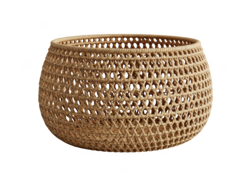 Woven jute basket with open lattice design isolated on transparent background