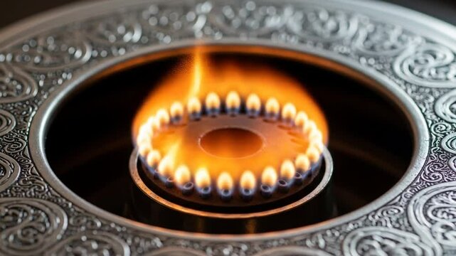 Close up detailed sequence showing distinctive orange flame flickering on ornamental metal burner