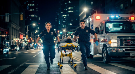 Naklejka premium Paramedics rushing a patient on a stretcher into an ambulance on a busy city street at night.