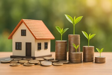 House with Coins and Growing Plants Representing Financial Growth