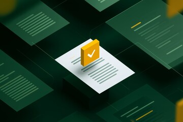 Professional Document Approval with Checkmark Icon, Corporate Business Report in Digital Interface, Successful Project Completion, Network in Efficient Workflow Management, Strategic Business Symbol