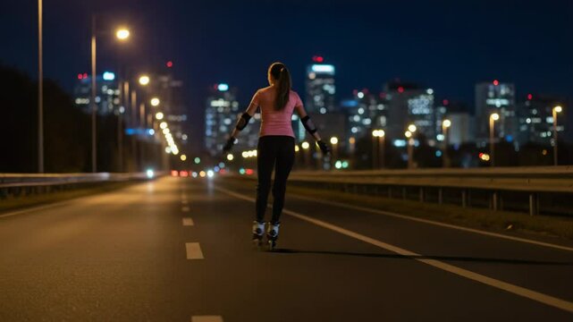 A woman rollerblades down a city street at night, with the cityscape in the background