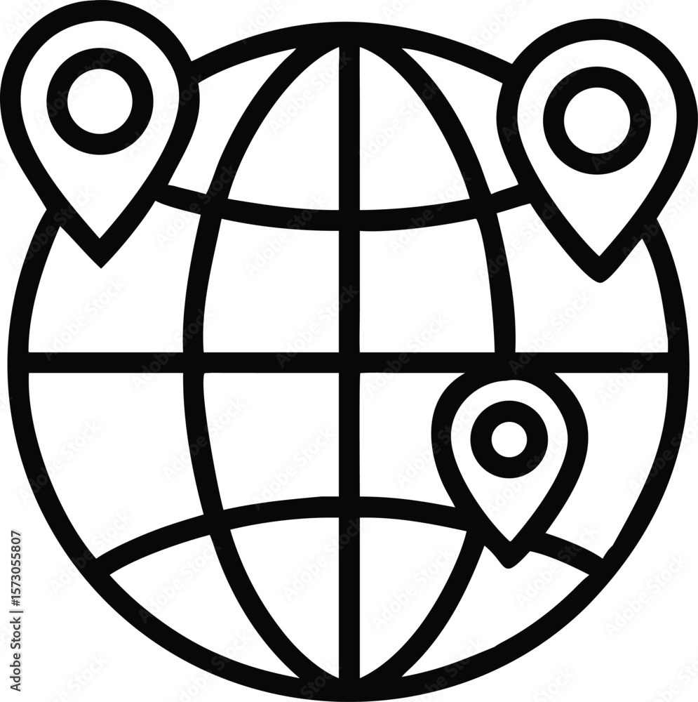Poster clean outline globe icon with location pin and world map elements