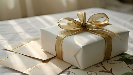 Elegant white gift box with shimmering gold ribbon and decorative envelopes on a textured surface