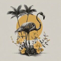 Artistic collage of flamingo skeleton with tropical plants and sunset background in monochrome and yellow tones