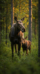 Fototapeta premium Golden Hour Embrace: A Mother Moose and Calf in the Boreal Forest