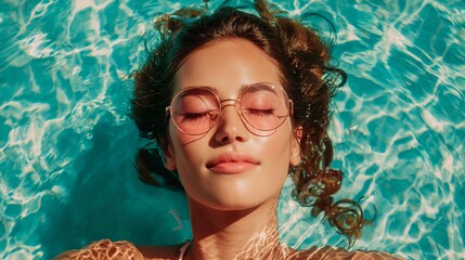 Relaxed woman with sunglasses floating in swimming pool with sunlight reflections