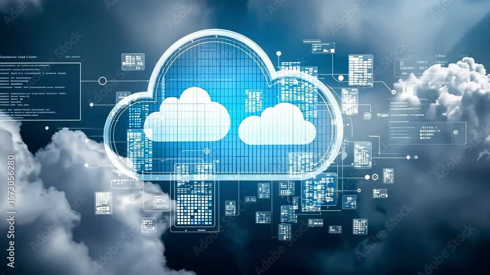 Aufkleber digital data cloud storage with blue glowing cloud computing technology background.