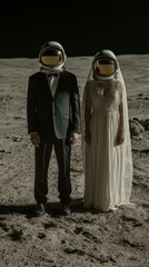 Surreal Wedding Couple in Space Helmets on Moon Surface at Night