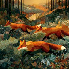 Artistic digital painting of three foxes running through a lush forest during sunset